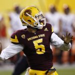 Arizona State's Manny Wilkins looks to throw the ball against San Diego State during the first half of an NCAA college football game Saturday, Sept. 9, 2017, in Tempe, Ariz. (AP Photo/Ross D. Franklin)