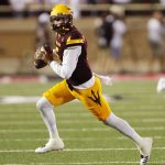 Arizona State quarterback Manny Wilkins looks for an open receiver during the first half against Texas Tech during an NCAA college football game Saturday, Sept. 16, 2017, in Lubbock, Texas. (Mark Rogers/Lubbock Avalanche-Journal via AP)