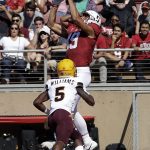 Stanford wide receiver J.J. Arcega-Whiteside, top, catches a touchdown next to Arizona State defensive back Kobe Williams (5) during the first half of an NCAA college football game Saturday, Sept. 30, 2017, in Stanford, Calif. (AP Photo/Marcio Jose Sanchez)