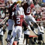 Stanford safety Justin Reid (8) intercepts a pass intended for Arizona State wide receiver N'Keal Harry, center, during the first half of an NCAA college football game Saturday, Sept. 30, 2017, in Stanford, Calif. (AP Photo/Marcio Jose Sanchez)