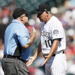 Colorado Rockies manager Bud Black, right, argues with second base umpire Brian O'Nora after he called out Charlie Blackmon for straying out of the base path to avoid a tag from Arizona Diamondbacks second baseman Brandon Drury in the fifth inning of a baseball game, Sunday, Sept. 3, 2017, in Denver. The Diamondbacks won 5-1. (AP Photo/David Zalubowski)