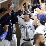 San Diego Padres' Hunter Renfroe is congratulated in the dugout after hitting a two-run home run during the third inning of a baseball game against the Arizona Diamondbacks Wednesday, Sept. 20, 2017, in San Diego. (AP Photo/Orlando Ramirez)
