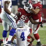 Arizona Cardinals outside linebacker Chandler Jones (55) celebrates his sack of Dallas Cowboys quarterback Dak Prescott (4) with teammate nose tackle Corey Peters (98) during the first half of an NFL football game, Monday, Sept. 25, 2017, in Glendale, Ariz. (AP Photo/Ross D. Franklin)