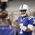 Indianapolis Colts quarterback Jacoby Brissett throws before an NFL football game against the Arizona Cardinals, Sunday, Sept. 17, 2017, in Indianapolis. (AP Photo/AJ Mast)