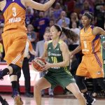 Seattle Storm guard Sue Bird (10) looks to pass as Phoenix Mercury guard Diana Taurasi, left, defends during the first half of a first-round WNBA playoff basketball game, Wednesday, Sept. 6, 2017, in Tempe, Ariz. (AP Photo/Matt York)