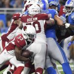 Arizona Cardinals running back Kerwynn Williams (33) runs for a 3-yard touchdown against the Detroit Lions during the second half of an NFL football game in Detroit, Sunday, Sept. 10, 2017. (AP Photo/Jose Juarez)
