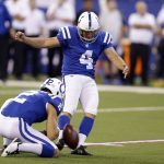 Indianapolis Colts kicker Adam Vinatieri (4) boots a 29-yard field goal out of the hold of Rigoberto Sanchez during the second half of an NFL football game against Arizona Cardinals, Sunday, Sept. 17, 2017, in Indianapolis. (AP Photo/Michael Conroy)