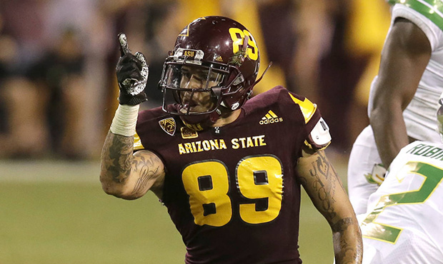 Arizona State wide receiver Jalen Harvey reacts after gaining a first down against Oregon during th...