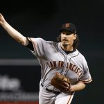 San Francisco Giants' Jeff Samardzija throws a pitch against the Arizona Diamondbacks during the first inning of a baseball game Wednesday, Sept. 27, 2017, in Phoenix. (AP Photo/Ross D. Franklin)