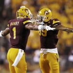 Arizona State's N'Keal Harry (1) celebrates his touchdown against San Diego State with Jalen Harvey (89) during the first half of an NCAA college football game Saturday, Sept. 9, 2017, in Tempe, Ariz. (AP Photo/Ross D. Franklin)
