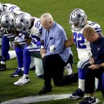 The Dallas Cowboys, led by owner Jerry Jones, center, take a knee prior to the national anthem prior to an NFL football game against the Arizona Cardinals, Monday, Sept. 25, 2017, in Glendale, Ariz. (AP Photo/Matt York)