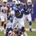 Indianapolis Colts' Kamar Aiken (17) is tackled by Arizona Cardinals' Tyrann Mathieu during the first half of an NFL football game Sunday, Sept. 17, 2017, in Indianapolis. (AP Photo/Michael Conroy)