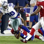 Dallas Cowboys wide receiver Dez Bryant (88) is hit by Arizona Cardinals cornerback Patrick Peterson during the first half of an NFL football game, Monday, Sept. 25, 2017, in Glendale, Ariz. (AP Photo/Ross D. Franklin)