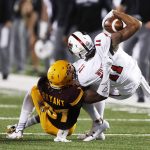 Texas Tech receiver Derrick Willies is tackled by Arizona State's Joseph Bryant during the first half of an NCAA college football game Saturday, Sept. 16, 2017, in Lubbock, Texas. (Mark Rogers/Lubbock Avalanche-Journal via AP)