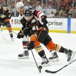 Arizona Coyotes right wing Christian Fischer, top, and Anaheim Ducks' Keaton Thompson battle for the puck during the first period of a preseason hockey game, Wednesday, Sept. 20, 2017, in Anaheim, Calif. (AP Photo/Mark J. Terrill)