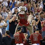 Arizona Diamondbacks mascot Baxter applauds along with fans as it is announced the Diamondbacks clinching a playoff spot during the fourth inning of a baseball game against the Miami Marlins Sunday, Sept. 24, 2017, in Phoenix. Both the St. Louis Cardinals and the Milwaukee Brewers lost, giving the Diamondbacks the National League Wild Card playoff spot. (AP Photo/Ross D. Franklin)
