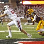 Texas Tech's Dylan Cantrell (14) catches a touchdown pass in front of Arizona State's Joseph Bryant (37) during an NCAA college football game Saturday, Sept. 16, 2017, in Lubbock, Texas. (Brad Tollefson/Lubbock Avalanche-Journal via AP)
