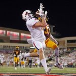 Texas Tech's Dylan Cantrell (14) catches a touchdown pass next to Arizona State's Joseph Bryant (37) during an NCAA college football game Saturday, Sept. 16, 2017, in Lubbock, Texas. (Brad Tollefson/Lubbock Avalanche-Journal via AP)