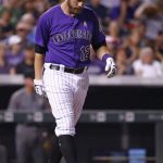 Colorado Rockies' Mark Reynolds reacts after striking out against the Arizona Diamondbacks during the fifth inning of a baseball game Friday, Sept. 1, 2017, in Denver. (AP Photo/Jack Dempsey)