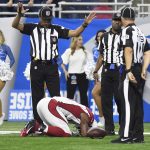 Arizona Cardinals running back David Johnson (31) is injured against the Detroit Lions during the second half of an NFL football game in Detroit, Sunday, Sept. 10, 2017. Johnson left the field for x-rays. (AP Photo/Jose Juarez)