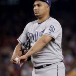 San Diego Padres starting pitcher Jhoulys Chacin stares towards the stands after giving up four runs against the Arizona Diamondbacks during the fifth inning of a baseball game, Saturday, Sept. 9, 2017, in Phoenix. (AP Photo/Matt York)