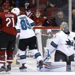 Arizona Coyotes' Clayton Keller (9) celebrates a goal by Derek Stepan (21) as San Jose Sharks' Troy Grosenick (1) reacts to the score and Sharks' Mikkel Boedker (89) skates away during the first period of a preseason NHL hockey game Saturday, Sept. 23, 2017, in Glendale, Ariz. (AP Photo/Ross D. Franklin)