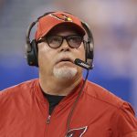 Arizona Cardinals head coach Bruce Arians looks at a replay during the first half of an NFL football game against the Indianapolis Colts, Sunday, Sept. 17, 2017, in Indianapolis. (AP Photo/Michael Conroy)
