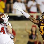 Texas Tech receiver Dylan Cantrell makes a touchdown reception while defended by Arizona State's Joseph Bryant during the first half of an NCAA college football game Saturday, Sept. 16, 2017, in Lubbock, Texas. (Mark Rogers/Lubbock Avalanche-Journal via AP)
