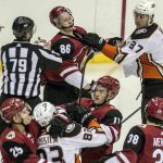 Tempers flare between the Arizona Coyotes and the Anaheim Ducks during the first period of an NHL preseason hockey game Monday, Sept. 25, 2017, in Tucson, Ariz. (Ron MedvescekArizona Daily Star via AP)