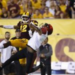 San Diego State's Kameron Kelly, right, breaks up a pass intended for Arizona State's John Humphrey (12) during the first half of an NCAA college football game Saturday, Sept. 9, 2017, in Tempe, Ariz. (AP Photo/Ross D. Franklin)