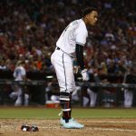 Arizona Diamondbacks' Ketel Marte tosses his batting gear to the ground after striking out against the San Diego Padres during the sixth inning of a baseball game Friday, Sept. 8, 2017, in Phoenix. (AP Photo/Ross D. Franklin)