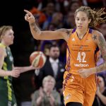 Phoenix Mercury center Brittney Griner (42) points to a teammate after scoring during the first half of a first-round WNBA playoff basketball game against the Seattle Storm, Wednesday, Sept. 6, 2017, in Tempe, Ariz. (AP Photo/Matt York)