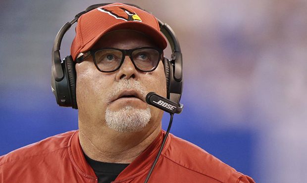 Arizona Cardinals head coach Bruce Arians looks at a replay during the first half of an NFL footbal...