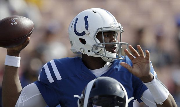 Indianapolis Colts quarterback Jacoby Brissett passes during the second half of an NFL football gam...