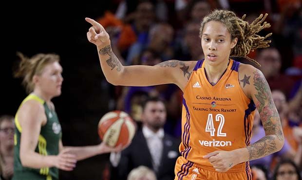 Phoenix Mercury center Brittney Griner (42) points to a teammate after scoring during the first hal...
