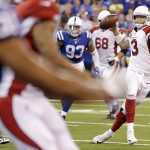 Arizona Cardinals quarterback Carson Palmer (3) throws during the first half of an NFL football game against the Indianapolis Colts, Sunday, Sept. 17, 2017, in Indianapolis. (AP Photo/Michael Conroy)