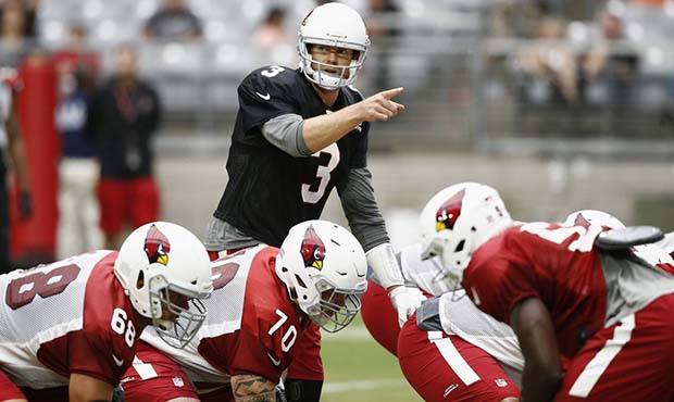 Arizona Cardinals quarterback Carson Palmer (3) points to a defender before the snap of the footbal...