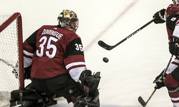 Arizona Coyotes goalie Louis Domingue (35) goes for a block during the first period of an NHL prese...