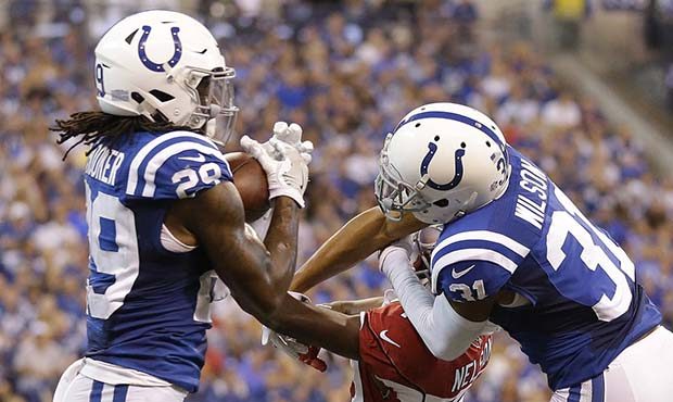 Indianapolis Colts' Malik Hooker (29) makes an interception on a pass intended for Arizona Cardinal...