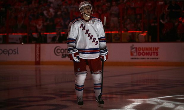New York Rangers center Derek Stepan waits for the start of Game 2 of a Stanley Cup NHL playoff hoc...