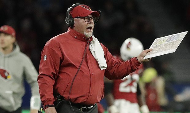Arizona Cardinals head coach Bruce Arians shouts out during the first half of an NFL football game ...