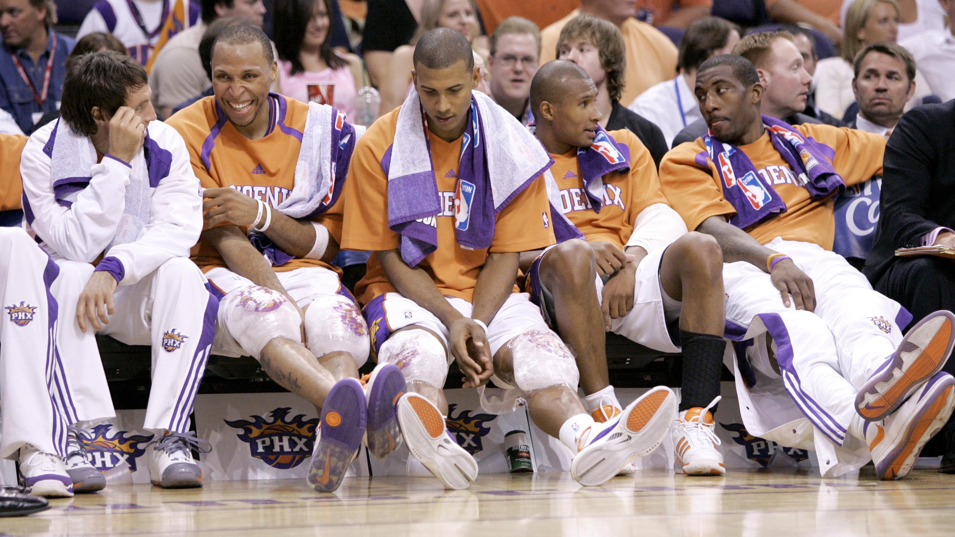 From left; Phoenix Suns' Steve Nash, Shawn Marion, Raja Bell, Leandro Barbosa, of Brazil, and Amare...