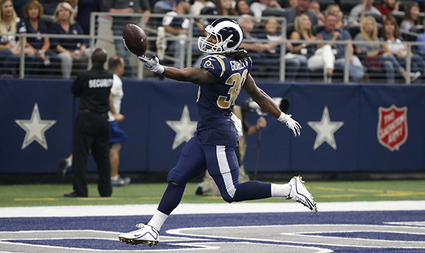 Los Angeles Rams running back Todd Gurley (30) celebrates reaching the end zone for a touchdown in ...