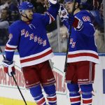 New York Rangers' Michael Grabner (40) celebrates with teammate Pavel Buchnevich (89) after Buchnevich scored a goal during the second period of an NHL hockey game against the Arizona Coyotes, Thursday, Oct. 26, 2017, in New York. (AP Photo/Frank Franklin II)