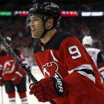 New Jersey Devils' Taylor Hall celebrates scoring a goal against the Arizona Coyotes during the second period of an NHL hockey game, Saturday, Oct. 28, 2017, in Newark, N.J. (AP Photo/Adam Hunger)