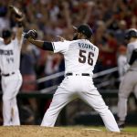 Arizona Diamondbacks relief pitcher Fernando Rodney (56) celebrates after the National League wild-card playoff baseball game against the Colorado Rockies, Wednesday, Oct. 4, 2017, in Phoenix. The Diamondbacks won 11-8 to advance to an NLDS against the Los Angeles Dodgers. (AP Photo/Ross D. Franklin)