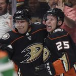 Anaheim Ducks right wing Ondrej Kase, right, celebrates with defenseman Francois Beauchemin (23) after scoring a goal during the second period of an NHL hockey game against the Arizona Coyotes in Anaheim, Calif., Thursday, Oct. 5, 2017. (AP Photo/Kelvin Kuo)