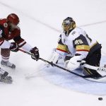 Vegas Golden Knights goalie Marc-Andre Fleury (29) makes a save on a shot by Arizona Coyotes left wing Anthony Duclair (10) during the first period of an NHL hockey game Saturday, Oct. 7, 2017, in Glendale, Ariz. (AP Photo/Ross D. Franklin)