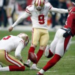 San Francisco 49ers kicker Robbie Gould (9) kicks a field goal as punter Bradley Pinion (5) holds against the Arizona Cardinals during the second half of an NFL football game, Sunday, Oct. 1, 2017, in Glendale, Ariz. (AP Photo/Ross D. Franklin)