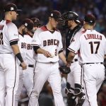 Arizona Diamondbacks starting pitcher Zack Greinke (21) is pulled from the game during the sixth inning of game 3 of baseball's National League Division Series against the Los Angeles Dodgers, Monday, Oct. 9, 2017, in Phoenix. (AP Photo/Rick Scuteri)